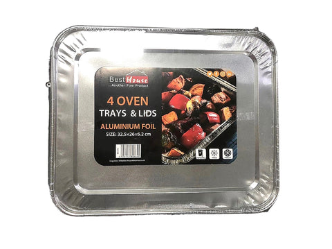 4 Pack ALUMINIUM Oven Trays with Lids 32.5x26x6.2cm: Convenient and Secure Food Storage Solution Shrink wrapped (18) BB0664 Origin manufacturing