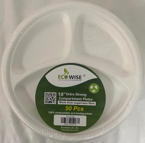Bagasse 10" 3-Compartment Round Plates 50-Pack: Eco-Friendly Serving Solution for Any Occasion (10) EC0126 Origin manufacturing