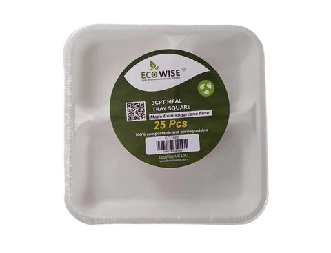 Bagasse 3-Compartment Square Plates 25-Pack: Convenient Meal Prep Solution (20) EC1666 Origin manufacturing