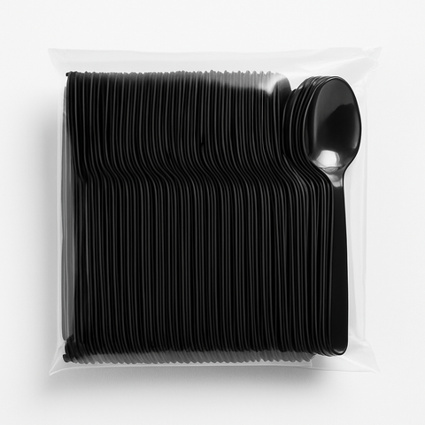 100 Pack Black Plastic Spoons: Disposable Utensils for Desserts, Soups & Catering OM404