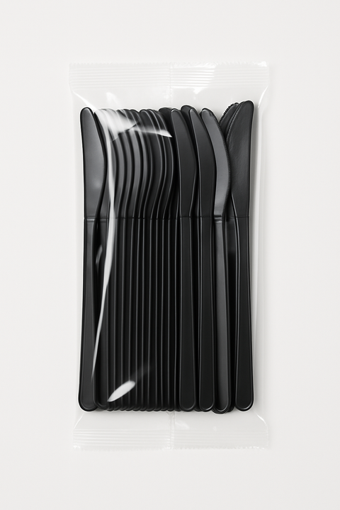 100 Pack Black Plastic Knives: Strong Disposable Cutlery for Events & Food Service OM402