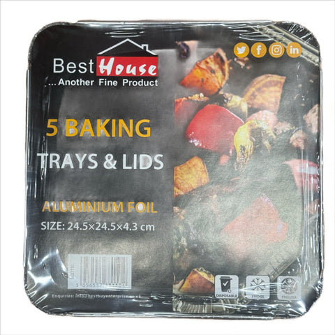 Aluminium Tray with Lids 5 Pack 24.5x24.5x4.3cm : Versatile Food Storage and Serving Solution (24) BB3110 Origin manufacturing